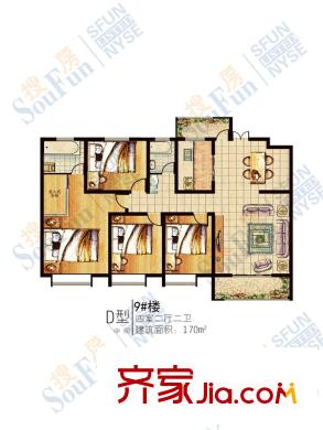 湖景花園D戶型圖 4室2廳2衛(wèi)1廚