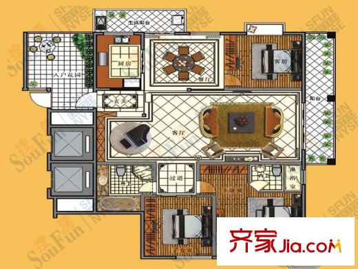 凱潤(rùn)花園B戶(hù)型 3室2廳2衛(wèi)1廚
