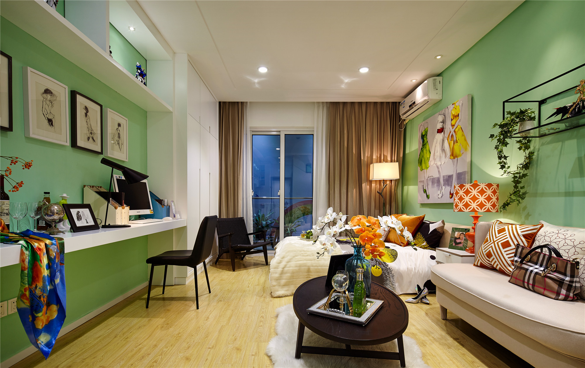 简约风格,一居室装修,40平米装修,小户型装修,客厅,背景墙,绿色