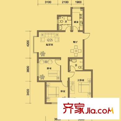 凱景花園戶型圖二期1.2.3號樓A1戶型（西戶） 3室2廳2衛(wèi)1廚