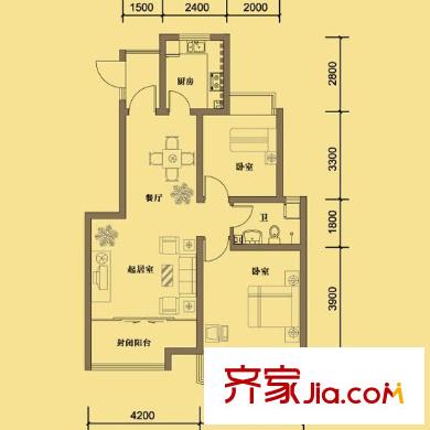 凱景花園戶型圖二期1.2.3號樓B西戶型（B西1層） 2室2廳1衛(wèi)1廚