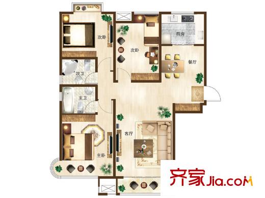 新華錦龍邸戶型圖A1戶型 3室2廳2衛(wèi)1廚