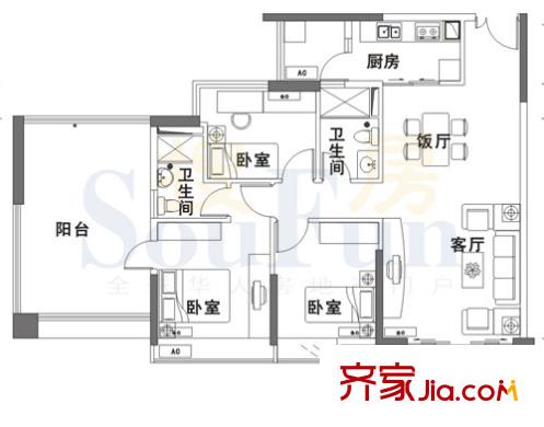侨英花园户型图3室2厅户型图 3室2厅2卫1厨