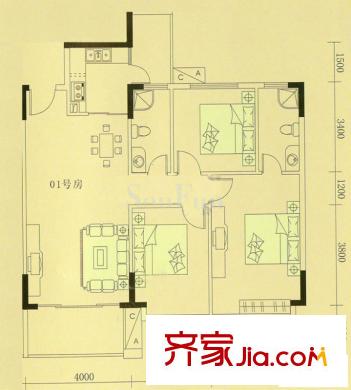 富雅都市华庭1期10栋201户型 3室2厅2卫1厨