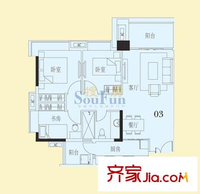 宝翠园E2栋03户型 3室2厅1卫1厨