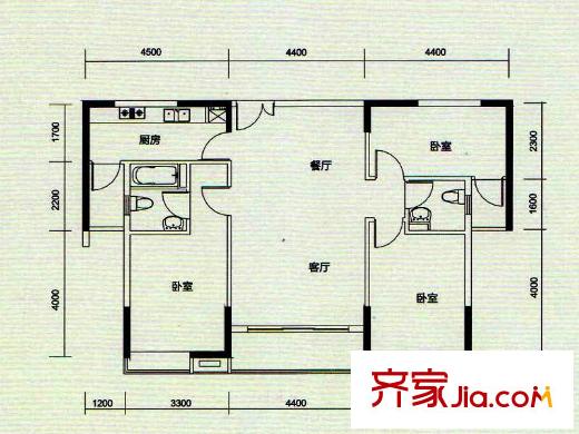 汇丽国际一期C栋公寓08户型 3室2厅2卫1厨