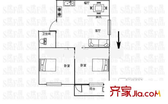 省建材茶園路單位宿舍 2室 戶型圖