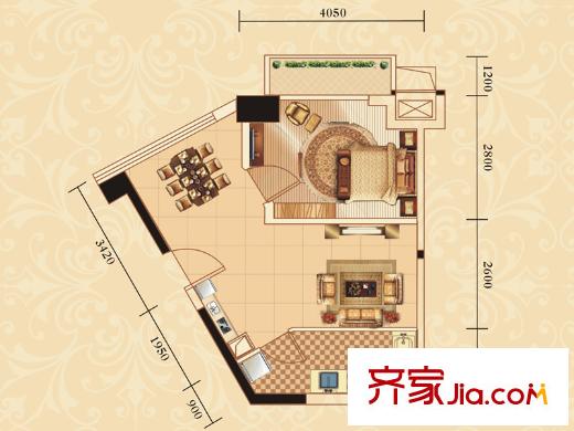 南國悅公館戶型圖A3戶型 1室2廳1衛(wèi)1廚