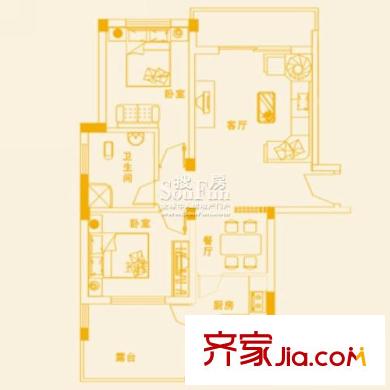 陽(yáng)邏城市廣場(chǎng)戶(hù)型圖1#樓B1戶(hù)型 2室2廳1衛(wèi)1廚