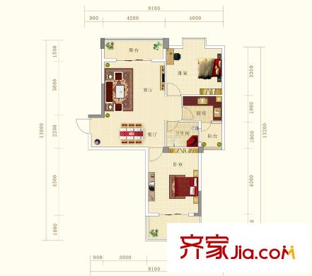 香榭花都戶型圖I戶型 2室2廳1衛(wèi)1廚