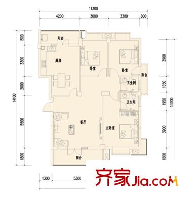 楚邦漢界戶型圖E2戶型 3室2廳2衛(wèi)