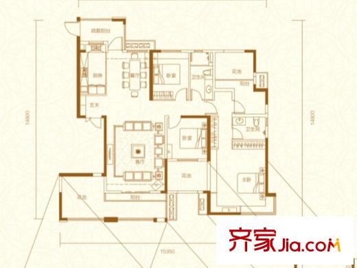 萬(wàn)科金域藍(lán)灣A5、A7、A8棟148平戶型 4室2廳2衛(wèi)1廚