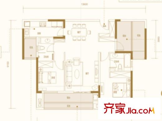 萬(wàn)科金域藍(lán)灣D5棟3D戶型 3室2廳2衛(wèi)1廚