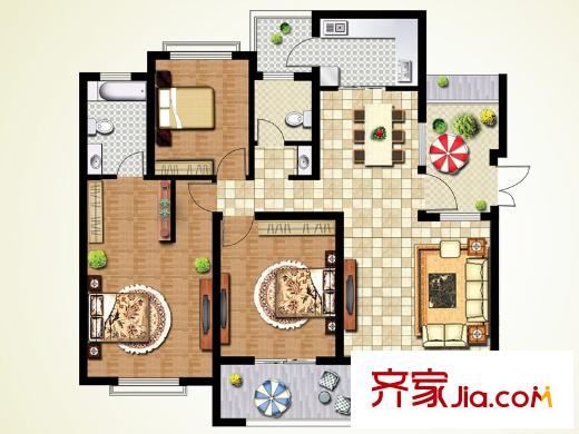 鑫江拉菲莊園戶型圖E戶型 3室2廳2衛(wèi)1廚