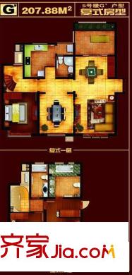 達(dá)利廣場戶型圖樓王：5#復(fù)式G’戶型 3室3廳3衛(wèi)1廚