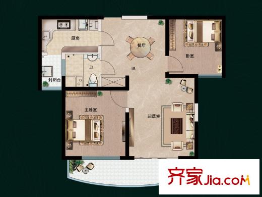 福瀛天麓湖一期1號樓B戶型 2室2廳1衛(wèi)1廚