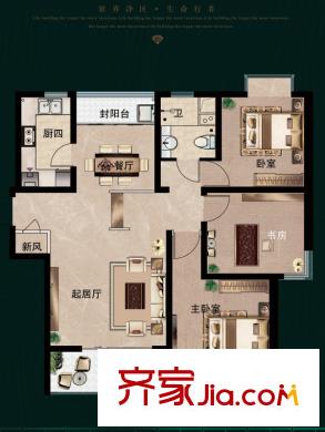 福瀛天麓湖一期2號樓E戶型 3室2廳1衛(wèi)1廚