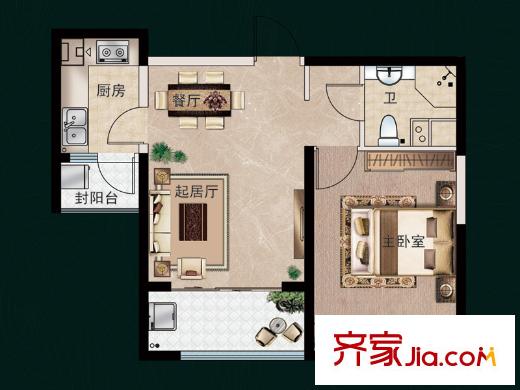福瀛天麓湖一期5號(hào)樓B戶型 1室2廳1衛(wèi)1廚