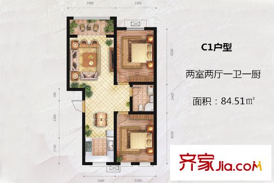 海棠墅1-6號樓C1戶型 2室2廳1衛(wèi)1廚