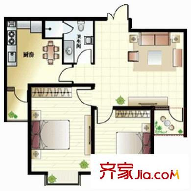 觀海華庭戶型圖1號樓b戶型 2室2廳1衛(wèi)1廚