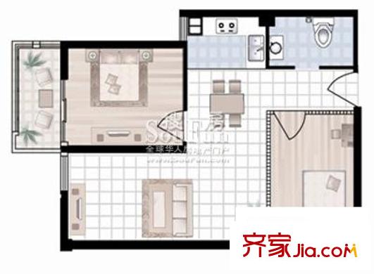 東福金座戶型圖D戶型 2室2廳1衛(wèi)1廚