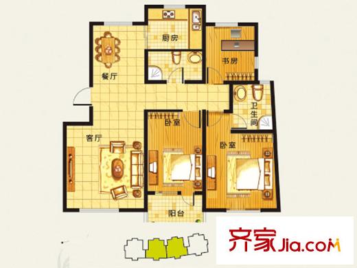 雍翠華苑戶型圖L2戶型及位置圖 3室2廳1衛(wèi)1廚