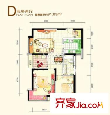 金陵王榭戶型圖D 2室2廳1衛(wèi)1廚