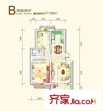 金陵王榭戶型圖B 2室2廳1衛(wèi)1廚