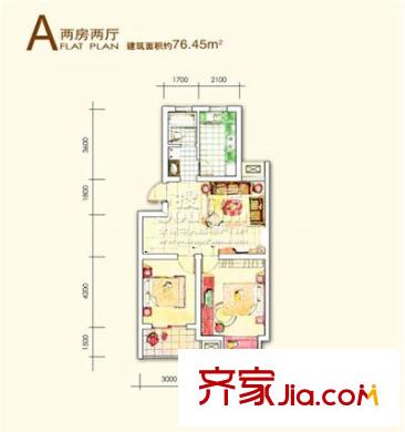 金陵王榭戶型圖A 2室2廳1衛(wèi)1廚