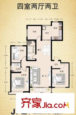 新華錦鴻仕雅居戶型圖 J戶型 4室2廳2衛(wèi)1廚