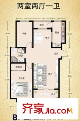 新華錦鴻仕雅居戶型圖 B戶型 2室2廳1衛(wèi)1廚