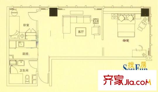 錦盈大廈戶型圖一期1號樓標(biāo)準層A戶型 2室2廳1衛(wèi)