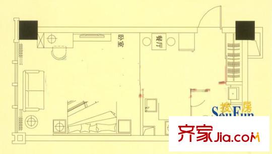 錦盈大廈戶(hù)型圖一期1號(hào)樓標(biāo)準(zhǔn)層F戶(hù)型 1室1廳1衛(wèi)