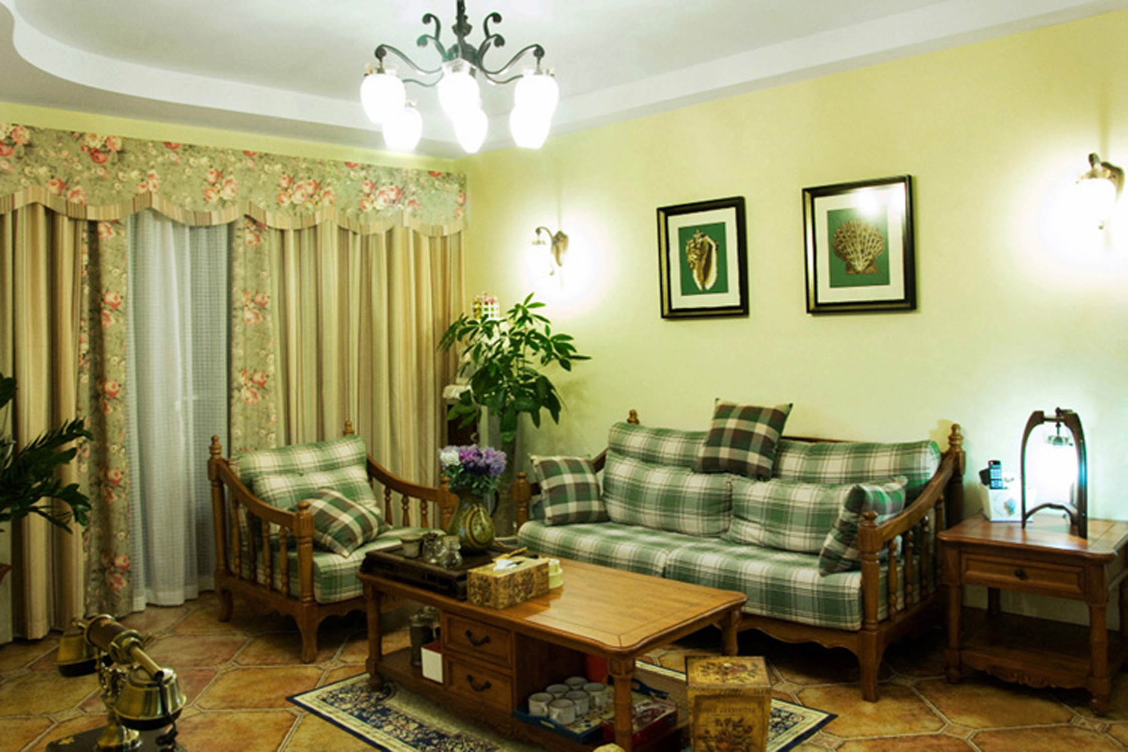 地中海风格,三居室装修,10-15万装修,110平米装修,客厅,沙发背景墙,黄色
