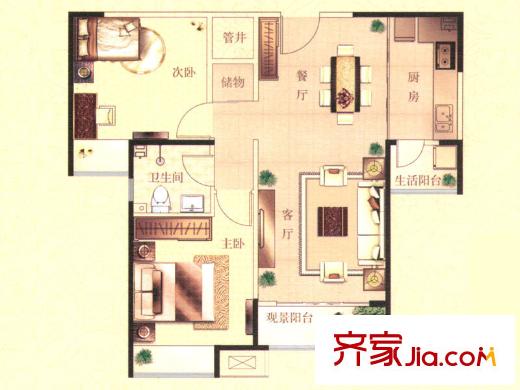 中海清江華府戶型圖B2戶型 2室2廳1衛(wèi)1廚