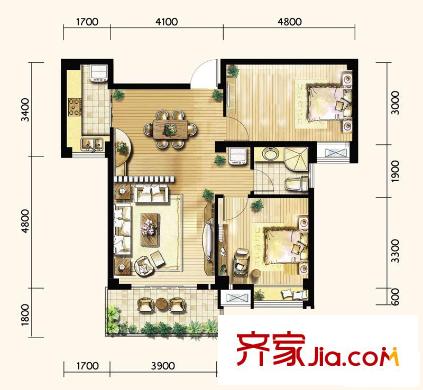 明發(fā)城市廣場戶型圖一期04、11#1-11層B2戶型圖 2室2廳1衛(wèi)1廚