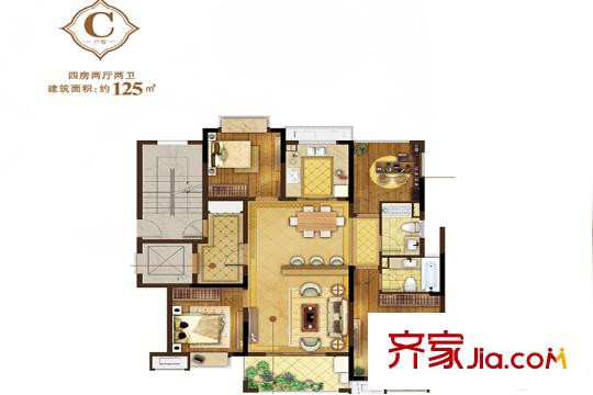 奧克斯鐘山府一期1-4幢標(biāo)準(zhǔn)層C戶型 4室2廳2衛(wèi)1廚