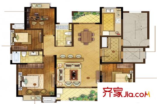 奧克斯鐘山府一期1-4幢標(biāo)準(zhǔn)層D戶型 4室2廳2衛(wèi)1廚