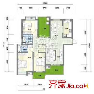 愛秦灣戶型圖戶型圖 3室 3室2廳1衛(wèi)1廚