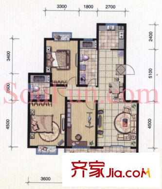 中南麒麟錦城戶型圖戶型圖 3室 3室2廳1衛(wèi)1廚