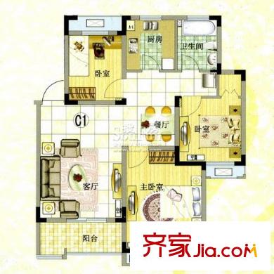 天鵝湖花園戶型圖戶型圖 3室 3室2廳1衛(wèi)1廚