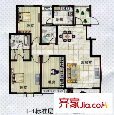 樂居雅花園戶型圖一期14-15號樓標準層I-1戶型 3室2廳2衛(wèi)1廚