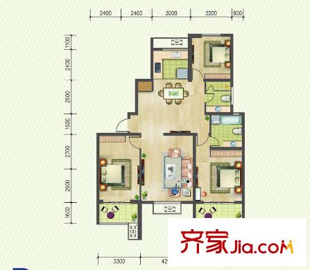 高爾夫國(guó)際花園一期11幢標(biāo)準(zhǔn)層B1戶型圖 3室2廳2衛(wèi)1廚