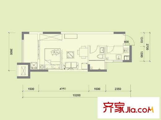東郊小鎮(zhèn)戶型圖第五街區(qū)15幢標準層A30戶型 1室2廳1衛(wèi)1廚