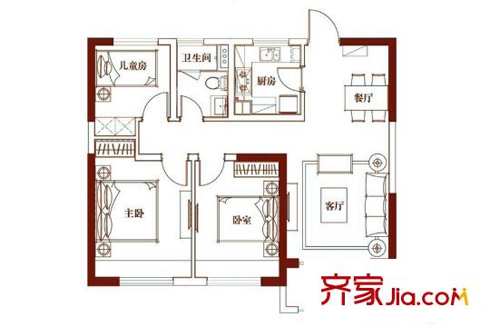 五礦崇文金城二期20#、23#標(biāo)準(zhǔn)層X系列A戶型 3室2廳1衛(wèi)1廚