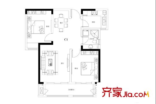 觀山悅項(xiàng)目一期標(biāo)準(zhǔn)層C1戶型 2室2廳1衛(wèi)1廚