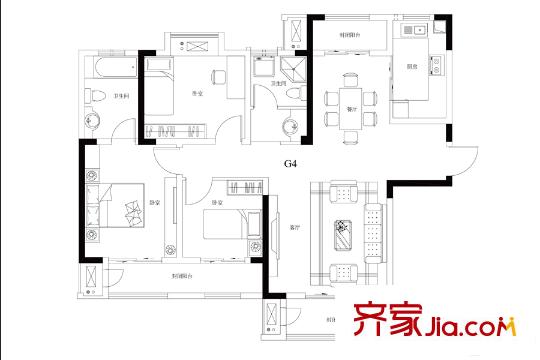 觀山悅項目一期標(biāo)準(zhǔn)層G4戶型 3室2廳2衛(wèi)1廚
