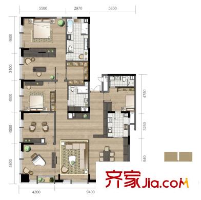 菲呢克斯國際公寓一期1幢標(biāo)準(zhǔn)層戶型-3 5室2廳3衛(wèi)1廚
