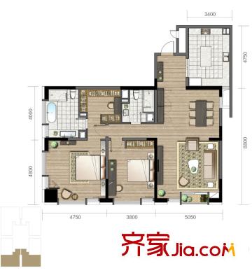 菲呢克斯國際公寓一期1幢標(biāo)準(zhǔn)層戶型-1  3室2廳2衛(wèi)1廚