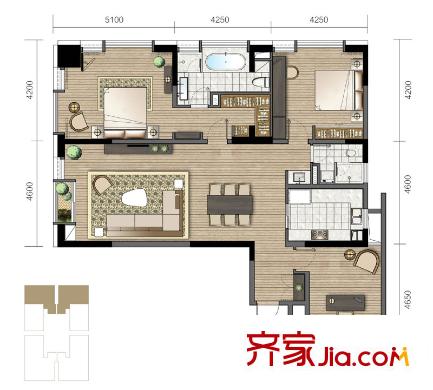 菲呢克斯國際公寓一期1幢標(biāo)準(zhǔn)層戶型-2 3室2廳2衛(wèi)1廚